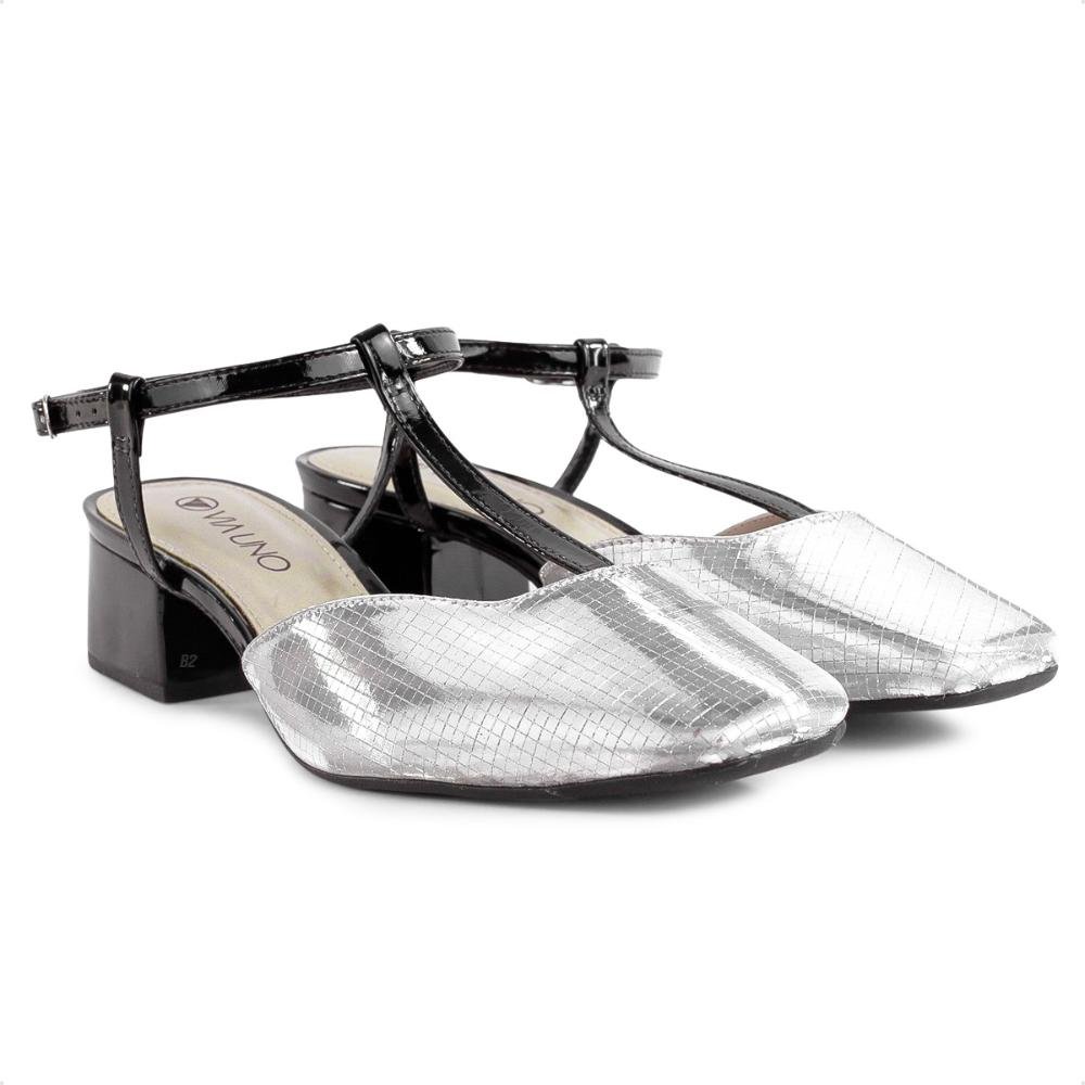 Scarpin Via Uno Salto Bloco Baixo Verniz Feminino Prata/Preto 3