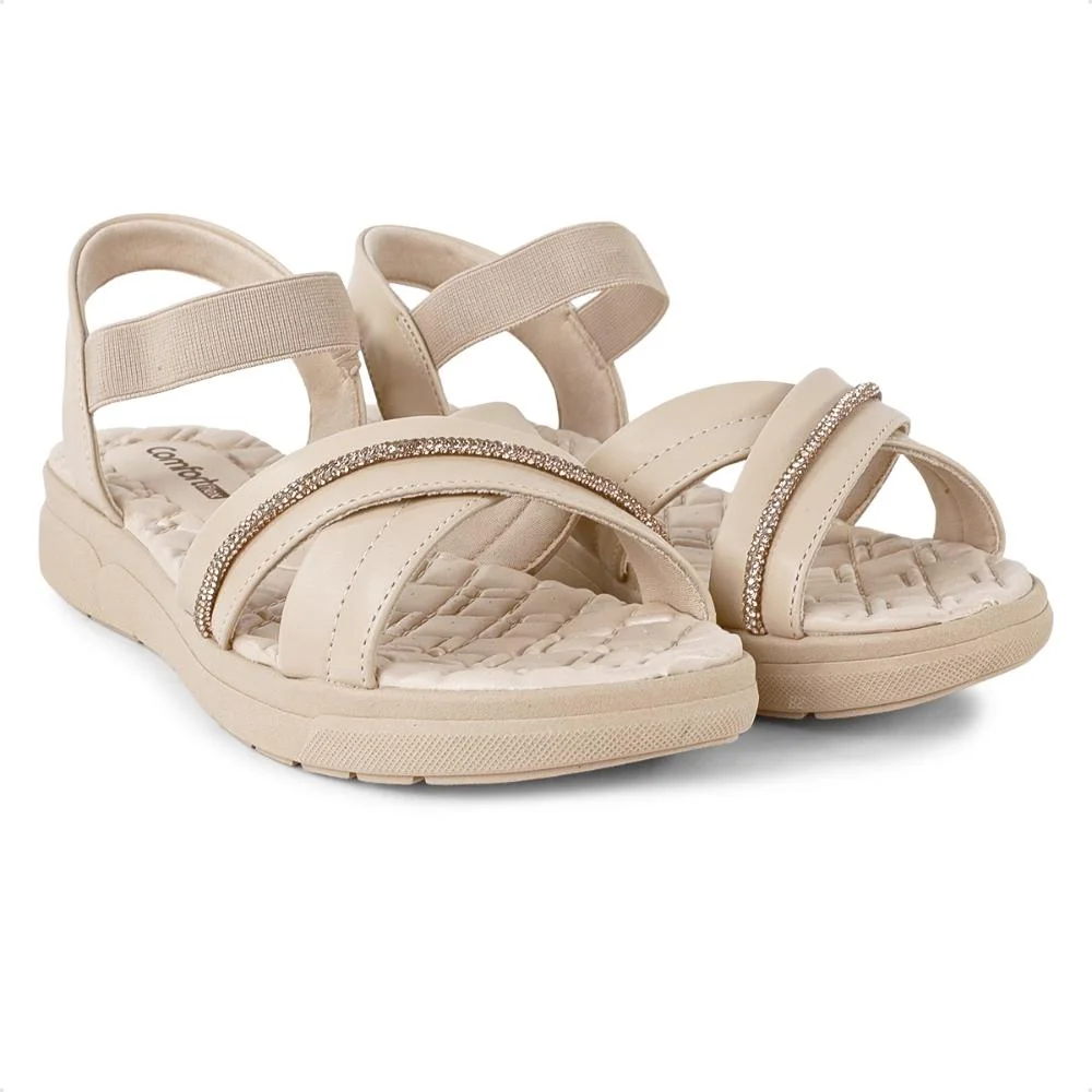 Sandália Comfortflex Elastic Strass Feminina Bege/Bege 3