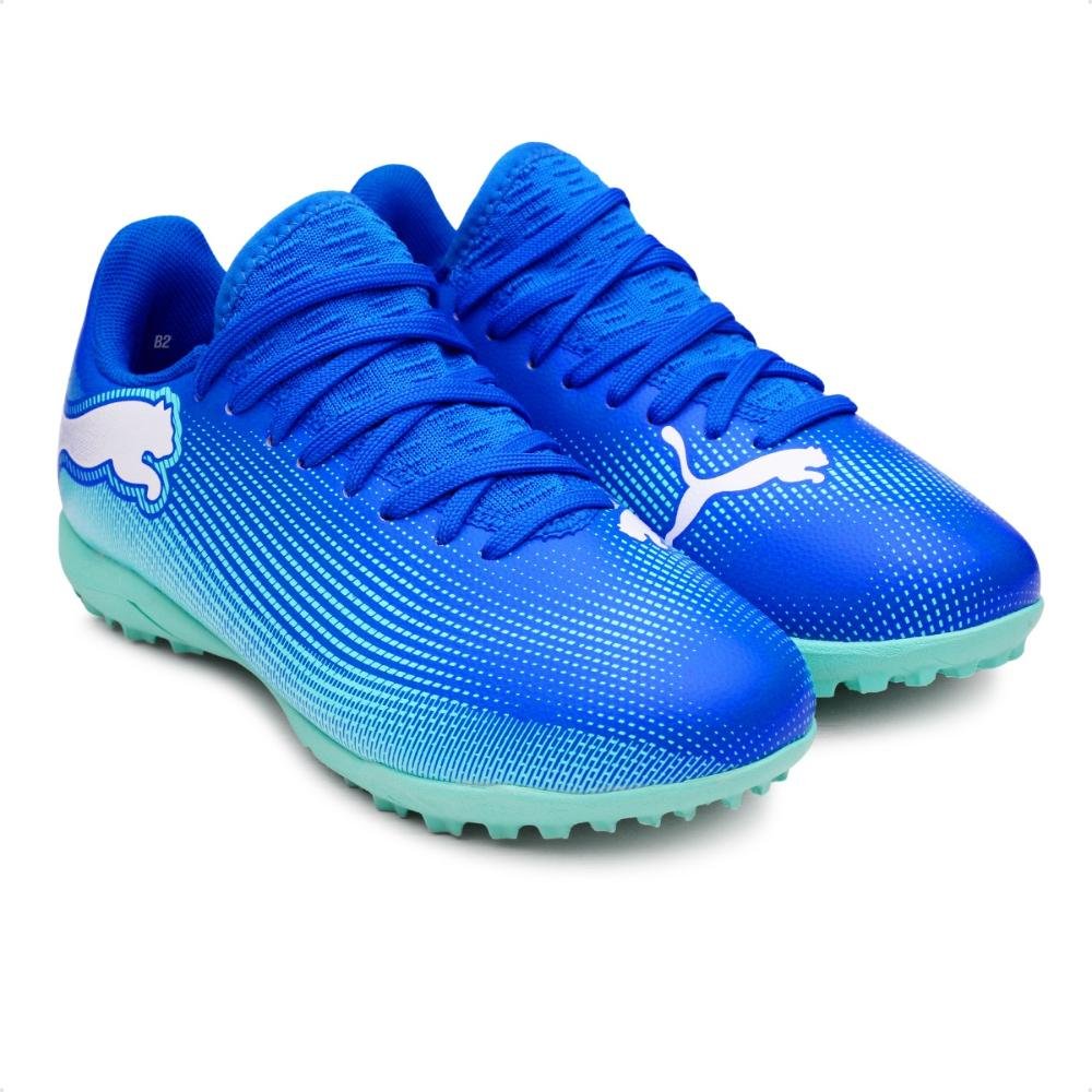Chuteira Society Puma Future 7 Play TT V Infantil Azul/Verde 3