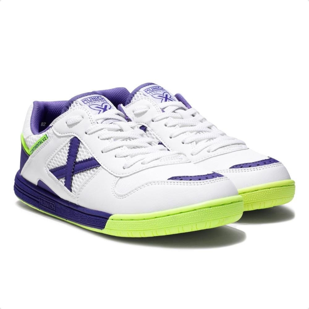 Chuteira Futsal Munich Continental V2 Masculina Branco/Roxo