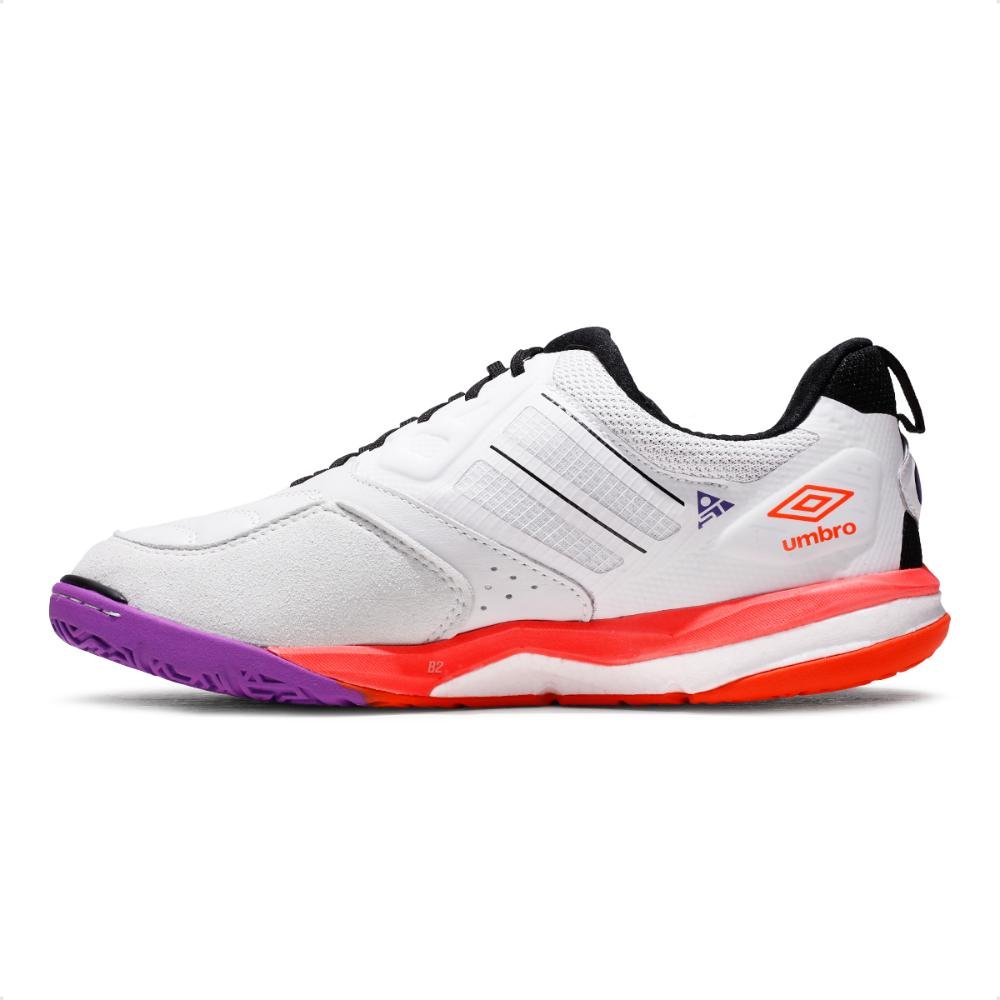 Chuteira Futsal Umbro Pro 5 Stable Masculina Branco/Coral/Roxo 2