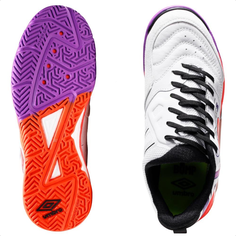 Chuteira Futsal Umbro Pro 5 Stable Masculina Branco/Coral/Roxo 5