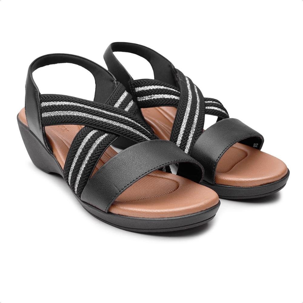 Sandália Usaflex Anabela Elástico Tira Entrelaçada Feminina Preto/Marrom 3