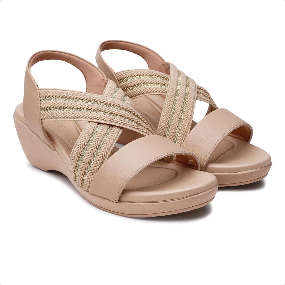 Sandália Usaflex Anabela Elástico Tira Entrelaçada Feminina Bege 3