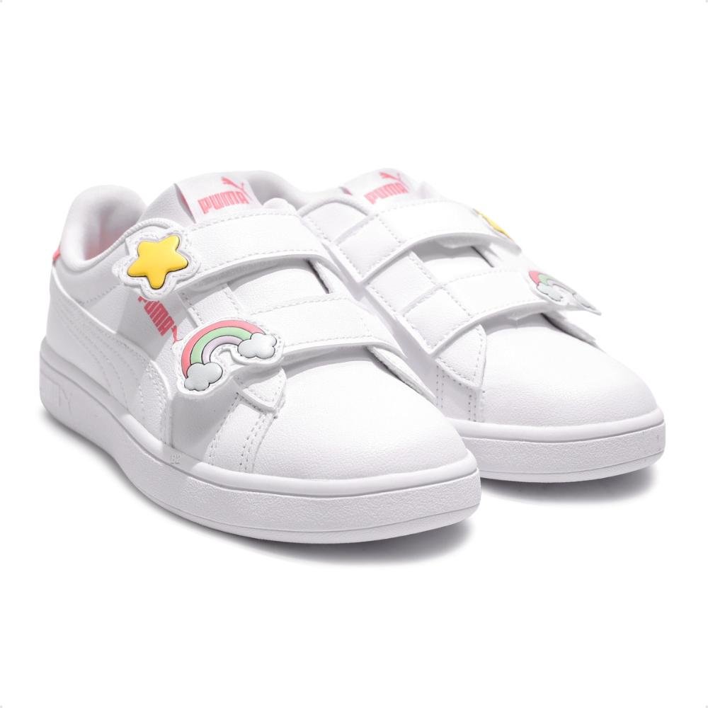 Tênis Puma Smash 3.0 Badges V PS Infantil Branco/Rosa 3