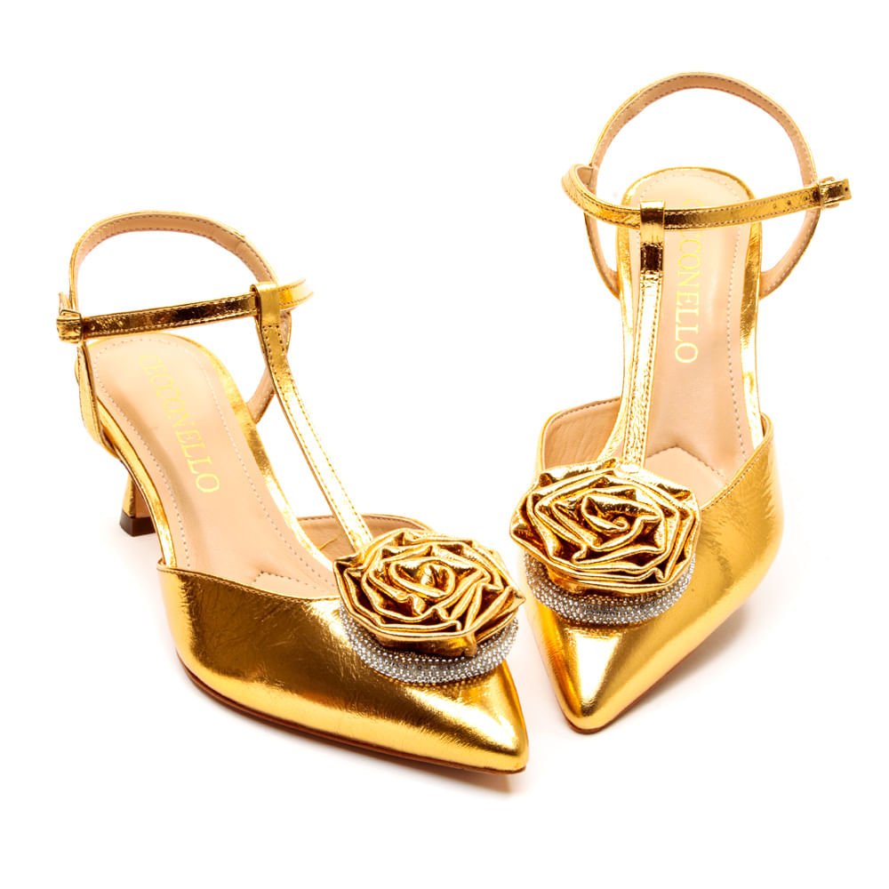 Slingback Couro Ouro Salto Médio Cecconello 2409004-4 Dourado 5