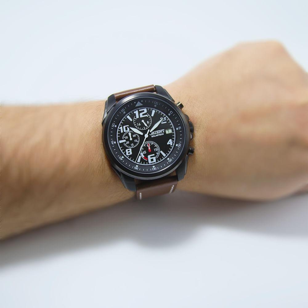 Relógio Masculino Orient Solartech Preto Couro Exclusivo Marrom/Preto 7