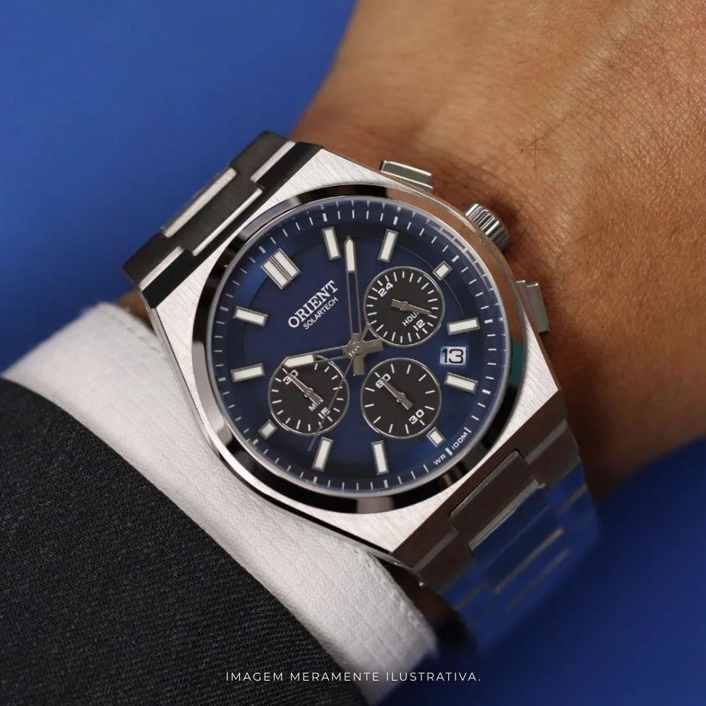 Relógio Masculino Orient Solartech Cronógrafo MBSSC274 D1SX Azul e Preto Prata 6