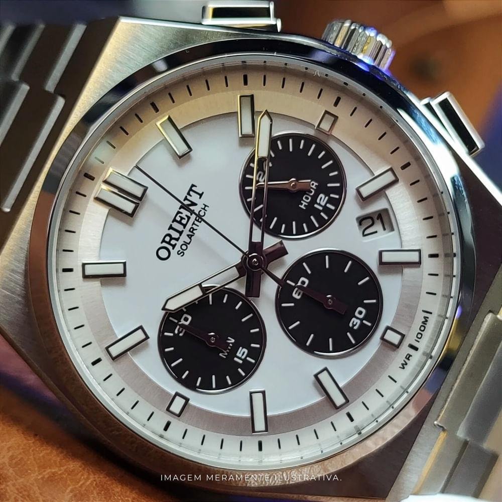 Relógio Masculino Orient Solartech Cronógrafo Panda Branco e Preto Prata 5