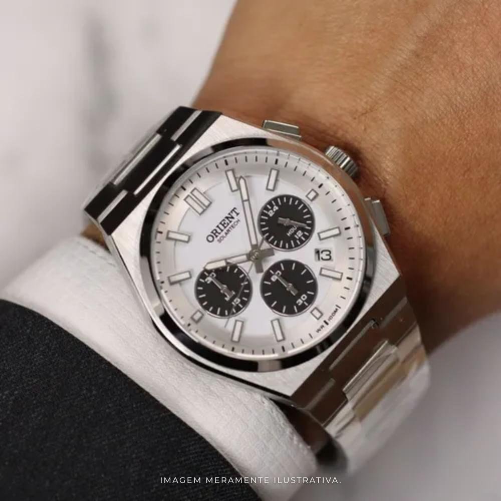 Relógio Masculino Orient Solartech Cronógrafo Panda Branco e Preto Prata 6