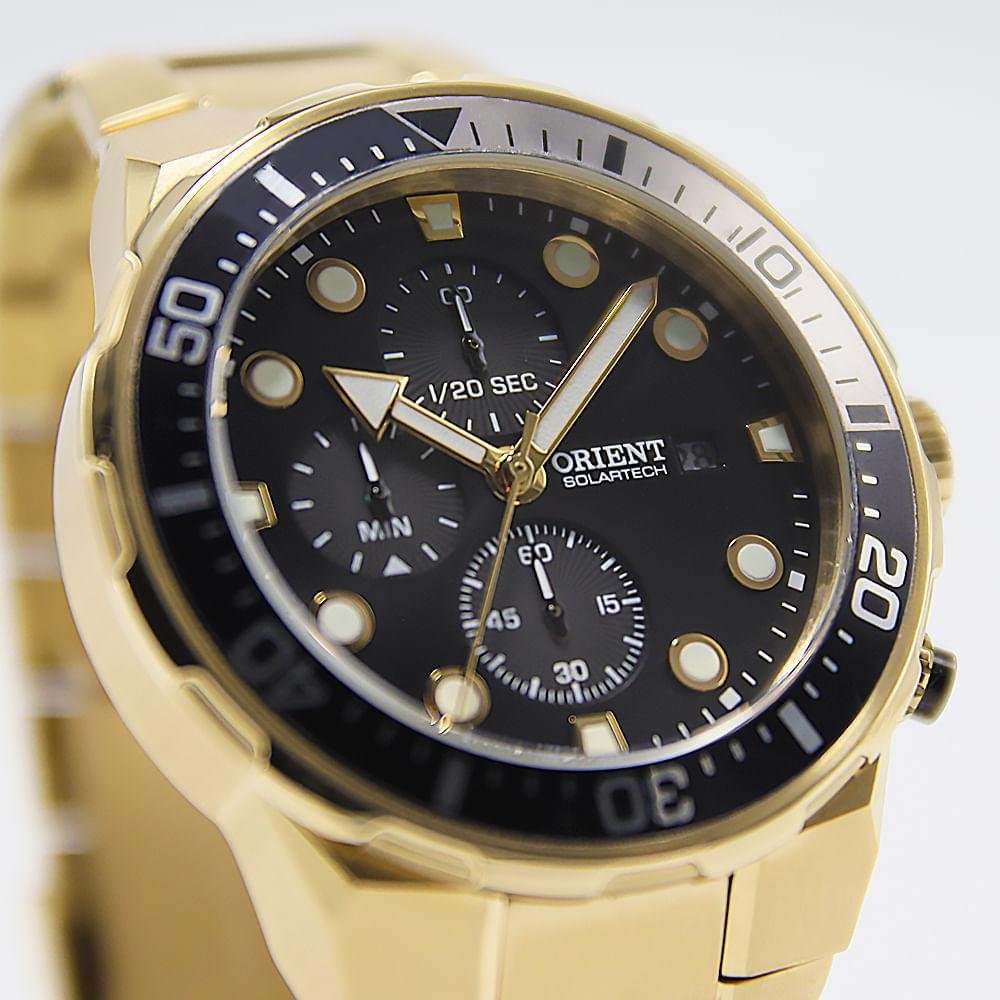 Relógio Masculino Orient Solartech Dourado Bisel Bicolor MGSSC071 P2KX Exclusivo Preto 4