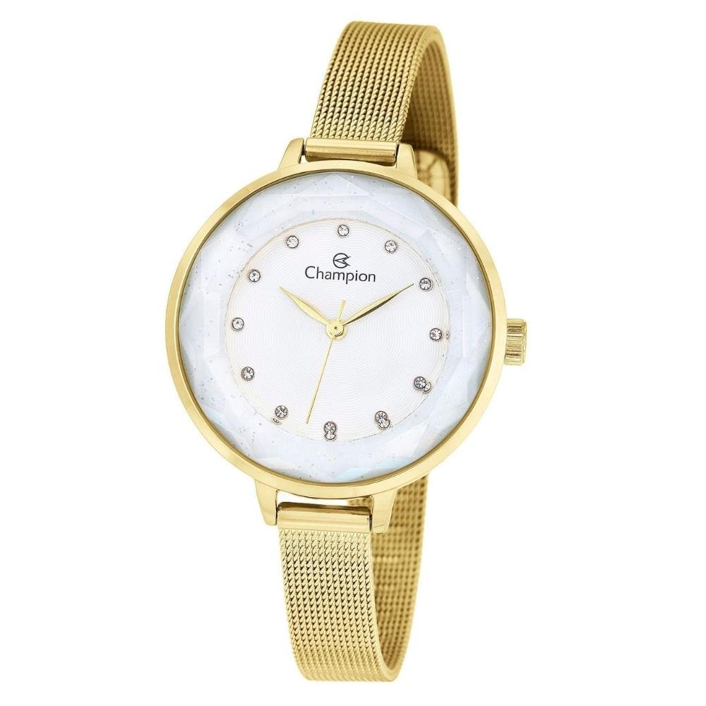 Kit Relógio Feminino Champion Cristais CF24322D Branco|Dourado