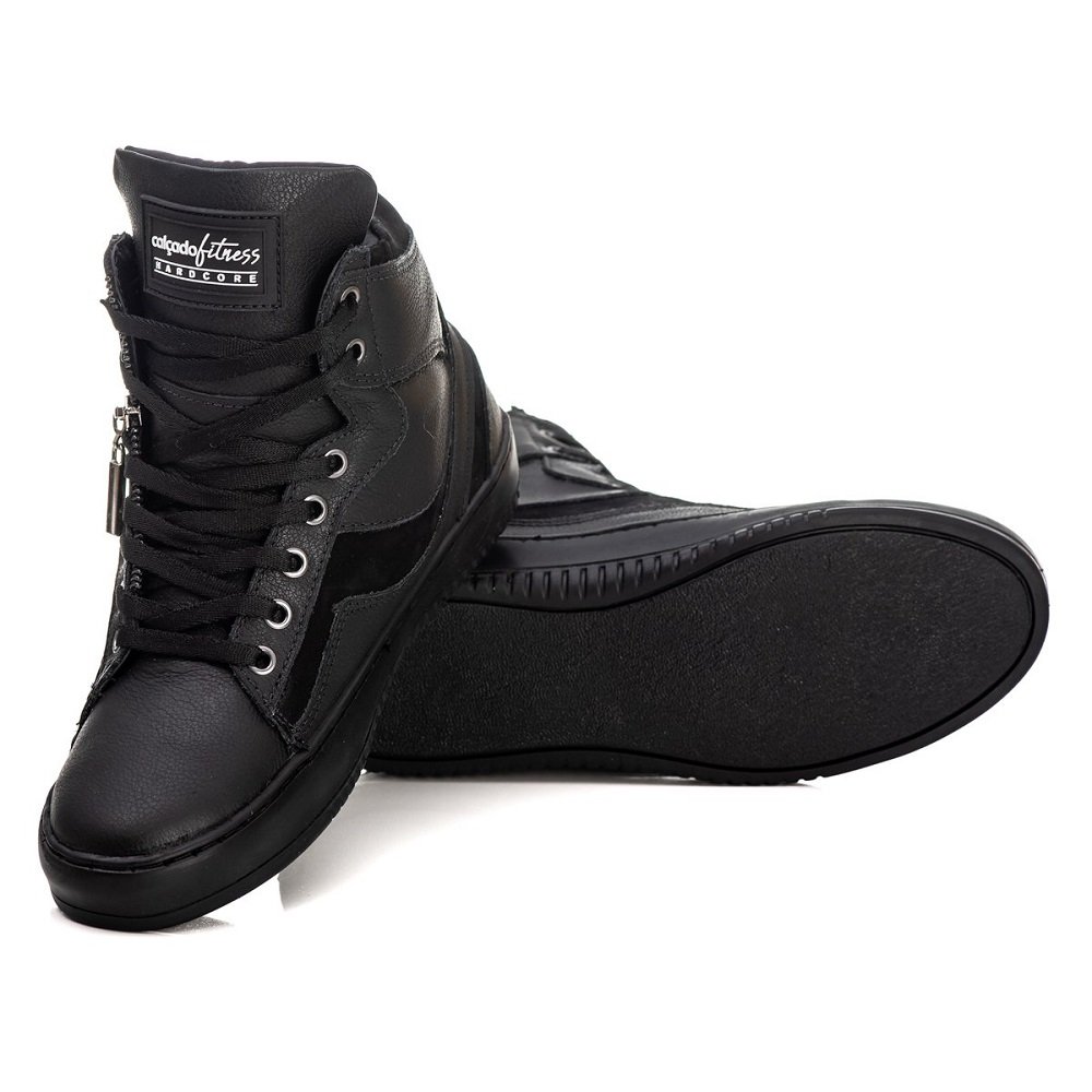 Tênis Casual Cano Medio em Couro Calçado Fitness com Cadarço e Detalhe em Ziper Preto 5