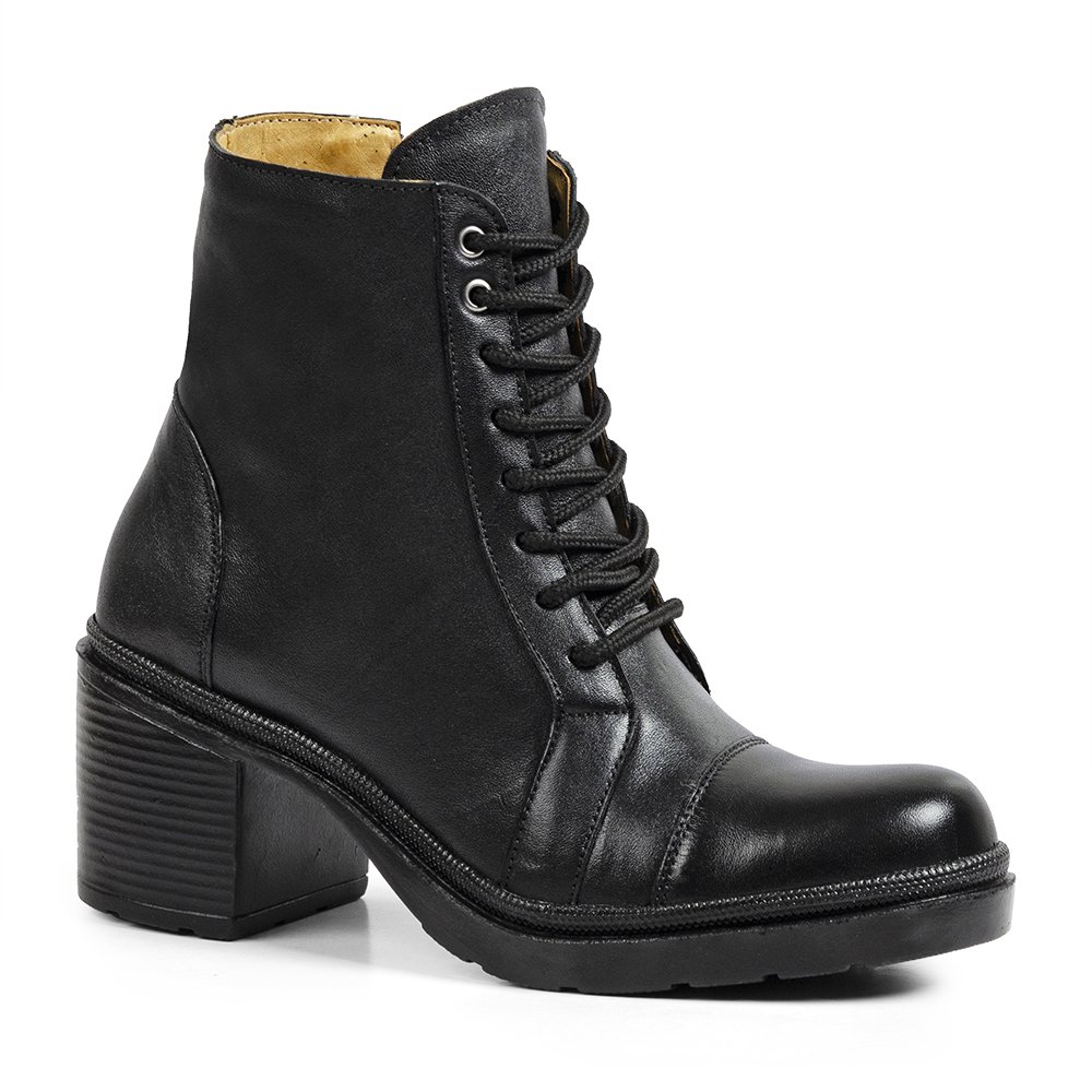 Bota Coturno em Couro Casual Autem Originals com Cadarço Salto Grosso e Costuras Preto 1