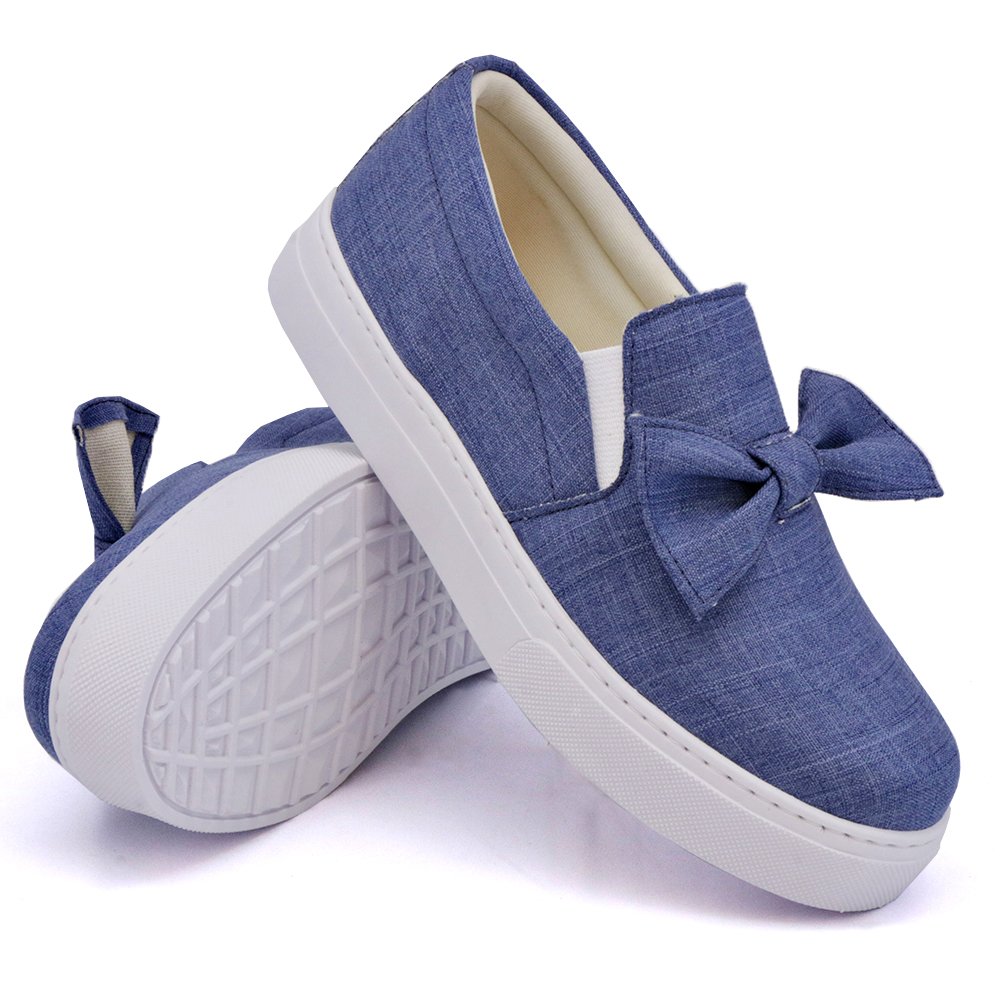Tenis Slip On Autem Originals de Tecido Jeans com Laço Sola Alta Detalhe Listra Azul 1