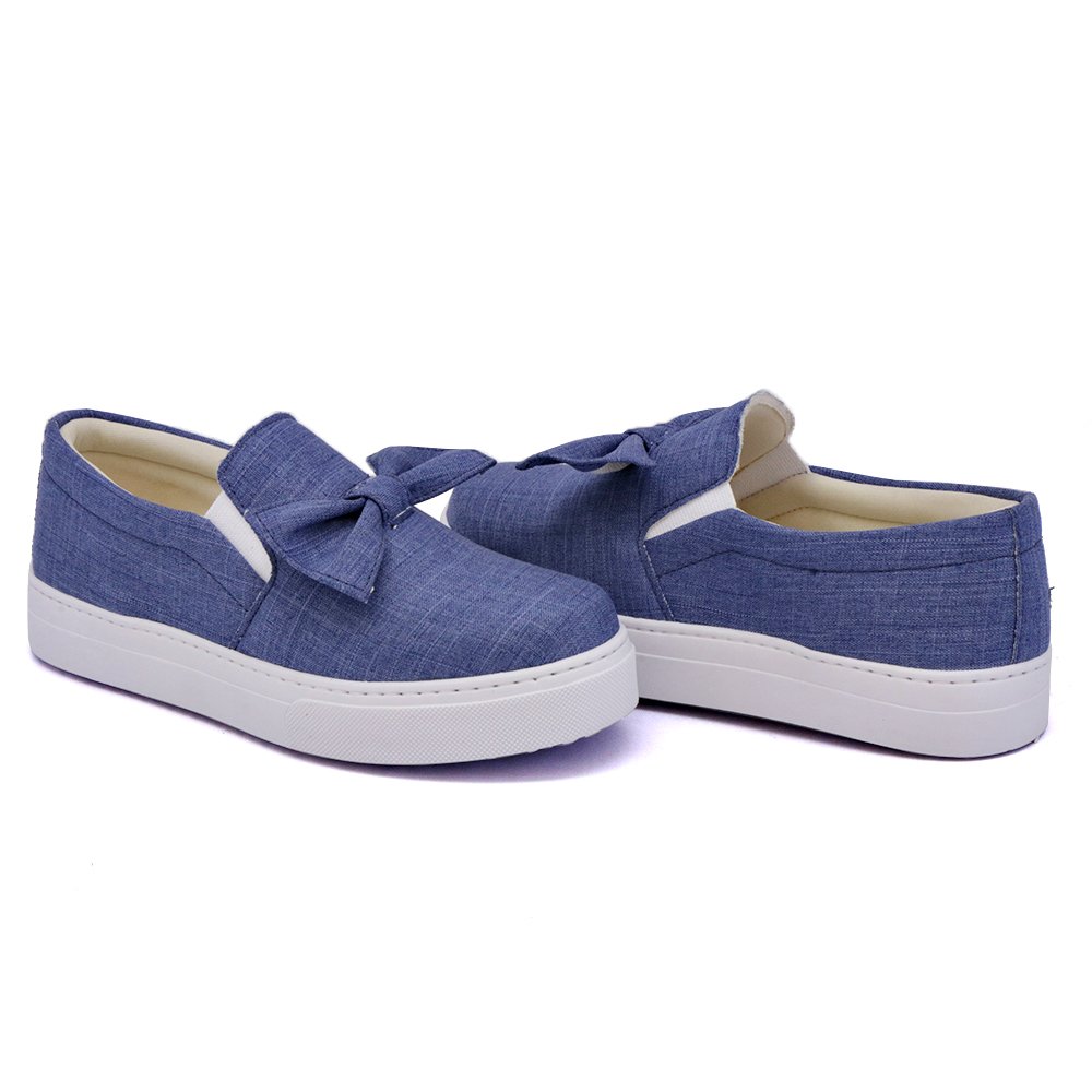 Tenis Slip On Autem Originals de Tecido Jeans com Laço Sola Alta Detalhe Listra Azul 2