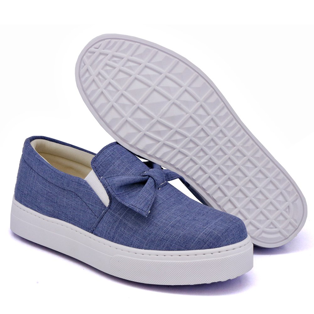 Tenis Slip On Autem Originals de Tecido Jeans com Laço Sola Alta Detalhe Listra Azul 3