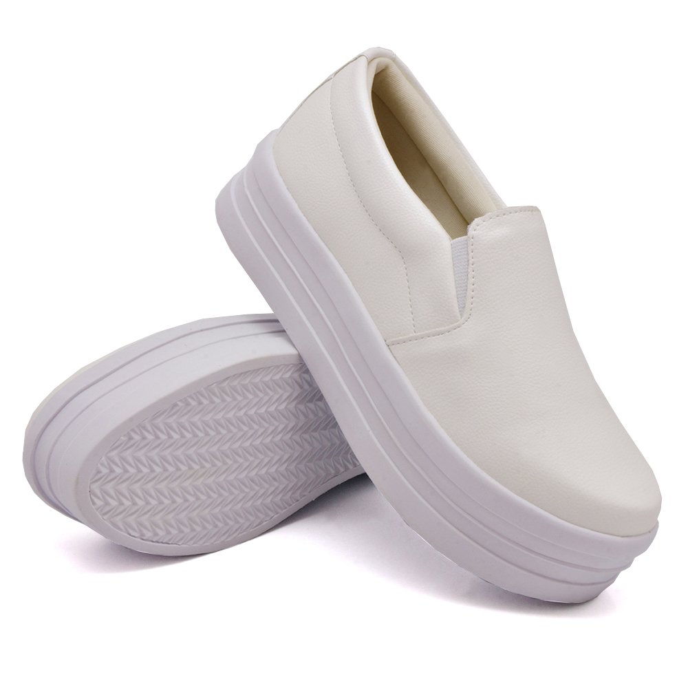 Tenis Slip On Autem Originals Liso com Elastico e Sola Alta Detalhe Listras Branco 1