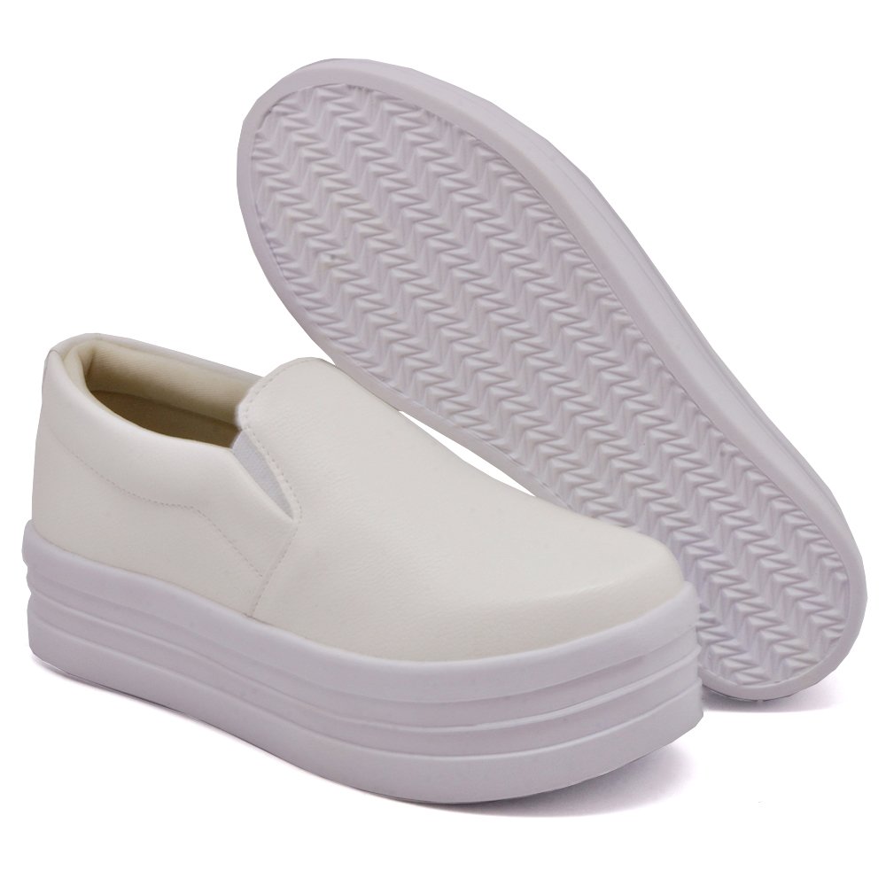 Tenis Slip On Autem Originals Liso com Elastico e Sola Alta Detalhe Listras Branco 3