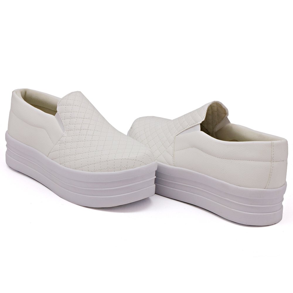 Tenis Slip On Casual Autem Originals Basico com Costura Matelasse Sola Alta Reta Branco 2