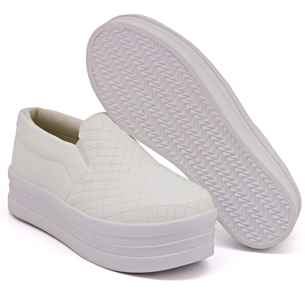 Tenis Slip On Casual Autem Originals Basico com Costura Matelasse Sola Alta Reta Branco 3