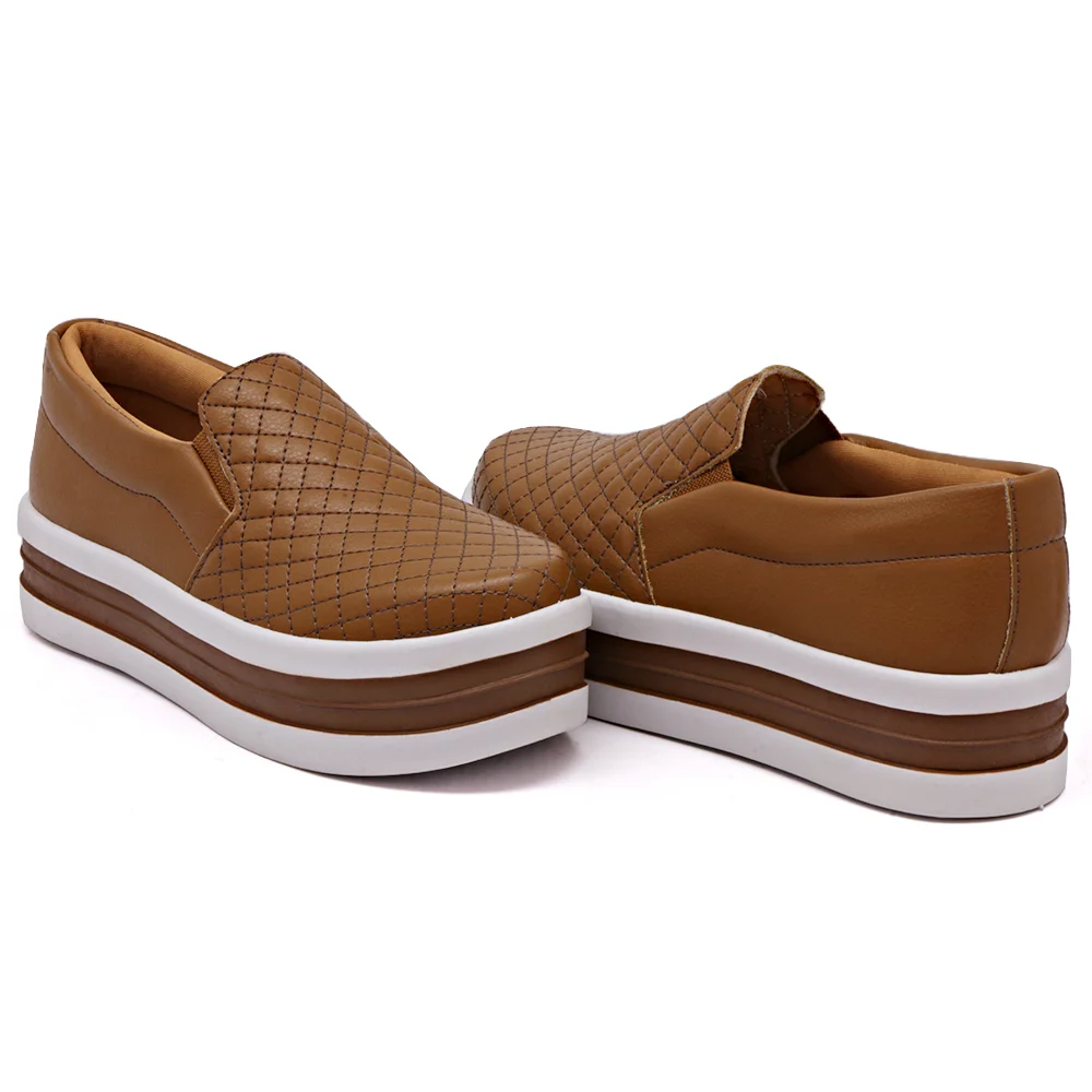 Tenis Slip On Casual Autem Originals Basico com Costura Matelasse Sola Alta Reta Marrom 2