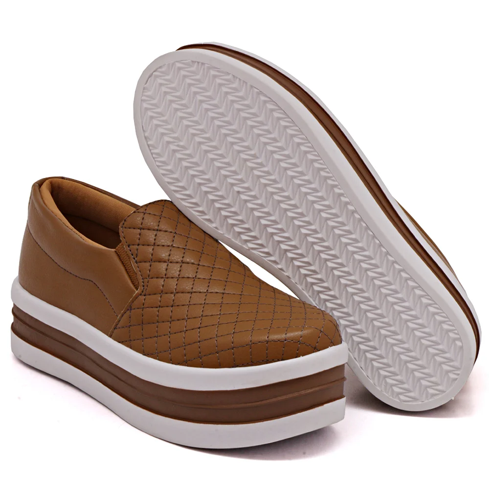 Tenis Slip On Casual Autem Originals Basico com Costura Matelasse Sola Alta Reta Marrom 3