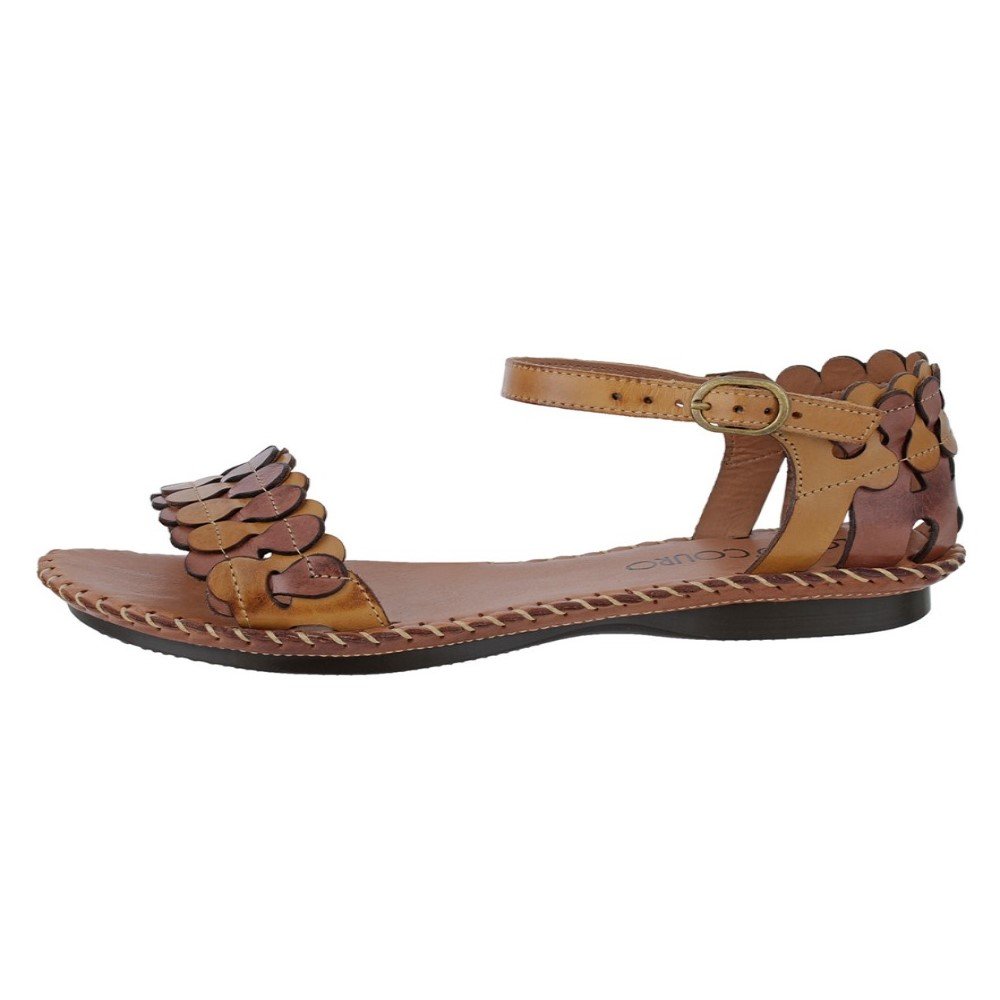 Sandalia Rasteira Confort Flor d' Couro com Fivela Lateral e Detalhe em Recortes Marrom 3