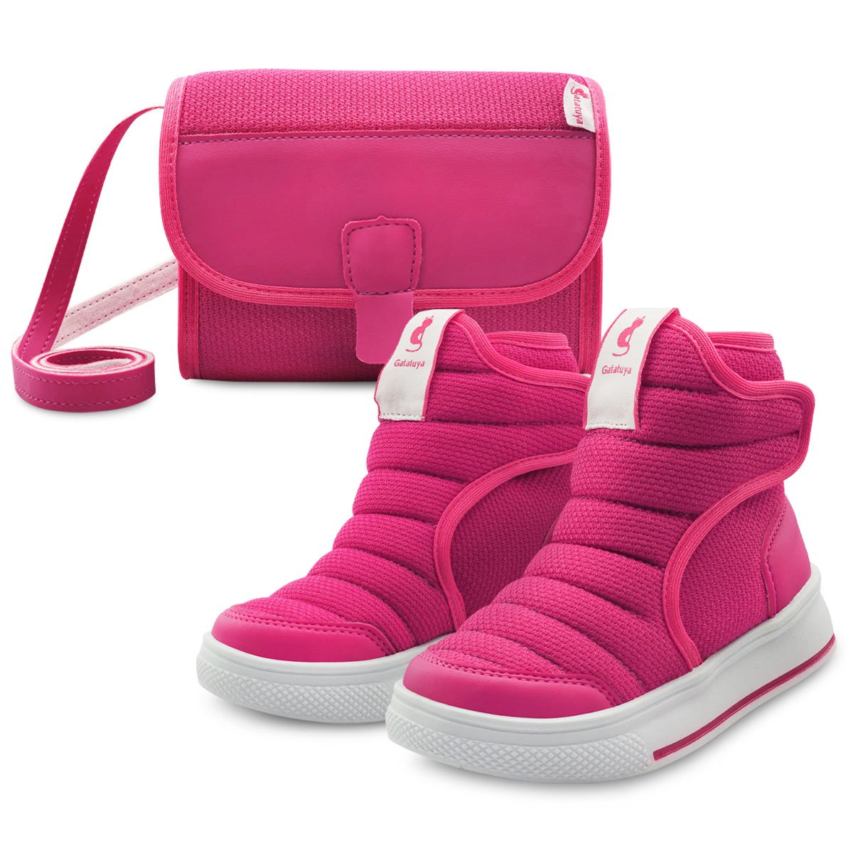 Kit Bota Infantil Com Bolsinha Gatatuya Menina Poliéster Pink Rosa 1