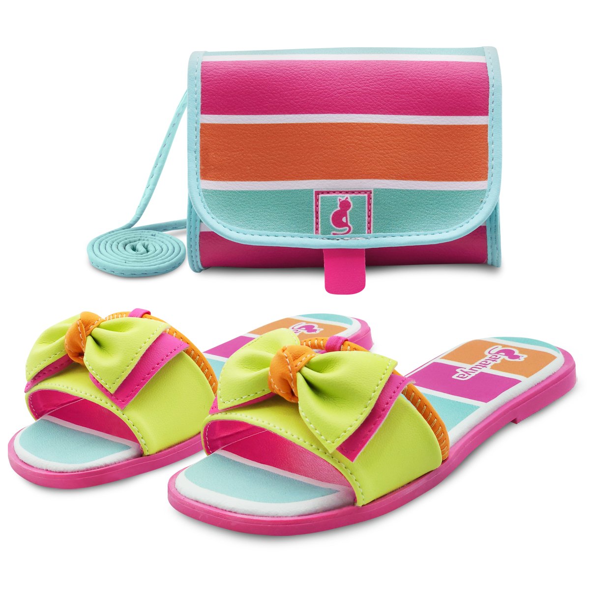 Kit Sandália Infantil Rasteira Com Bolsinha Summer Gatatuya Menina Verde/Pink