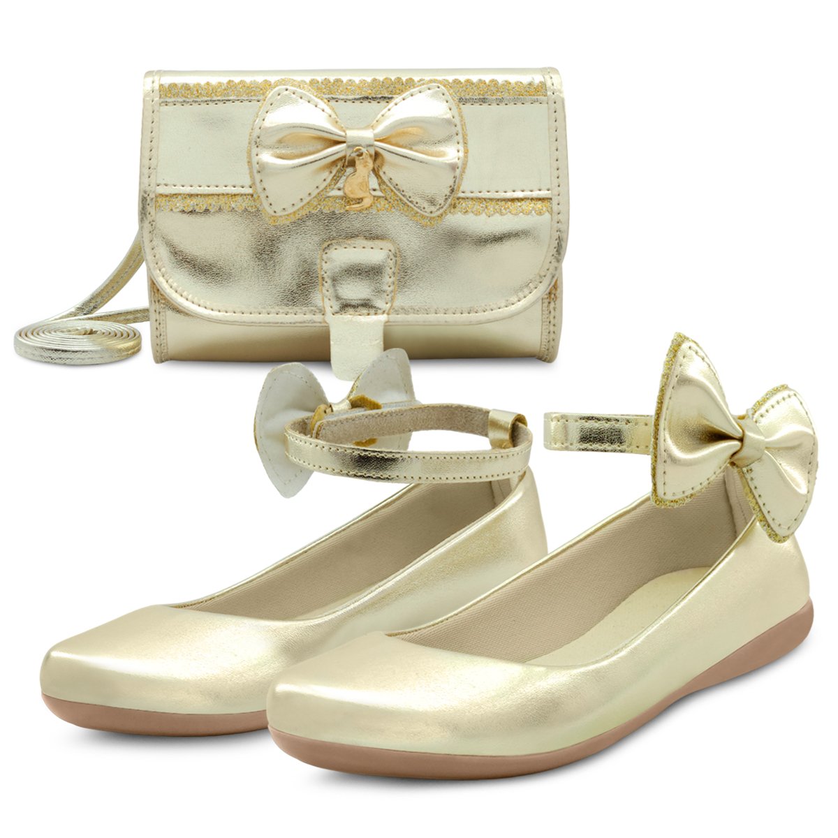 Kit Sapatilha Infantil Menina Festa Gatatuya Com Bolsa Laço Feminina Boneca Dourada Dourado 1