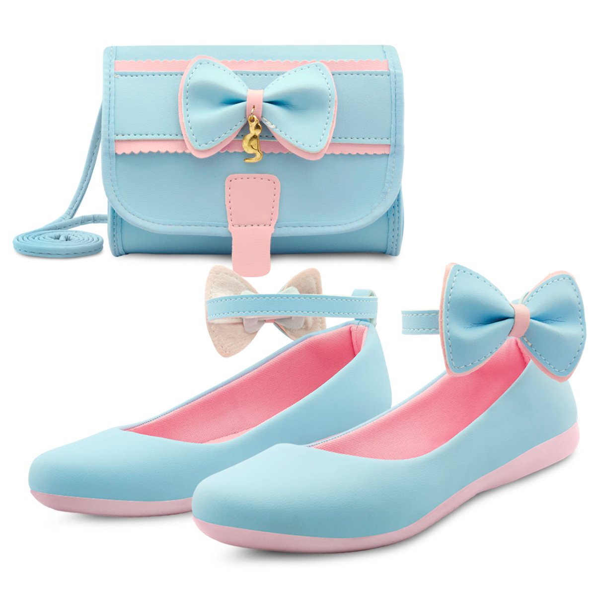 Kit Sapatilha Infantil Menina Festa Gatatuya Com Bolsa Laço Feminina Boneca Azul