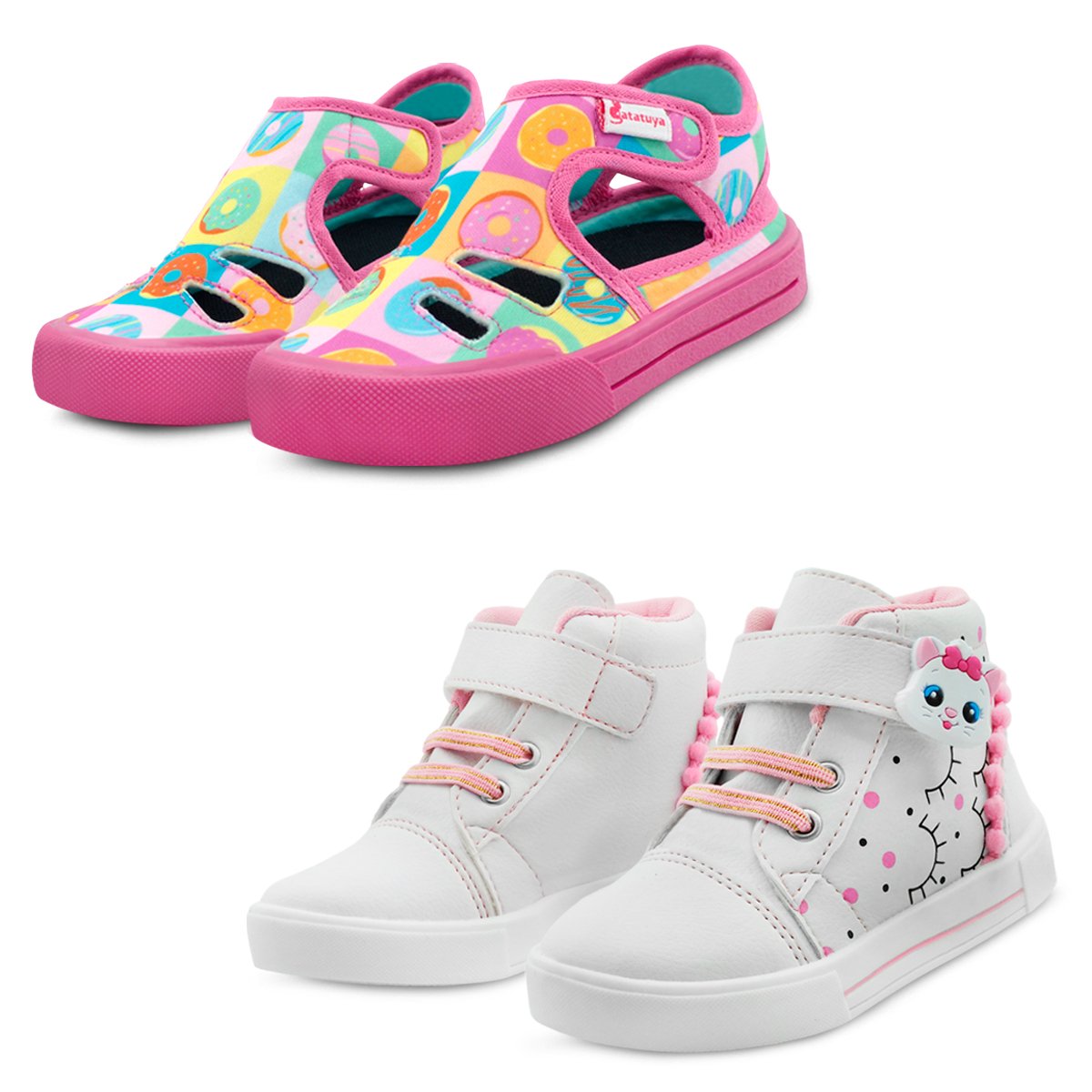 Kit 2 Pares Sandália Papete Cupcake E Tênis Gatinha Branco Menina Gatatuya Rosa 1