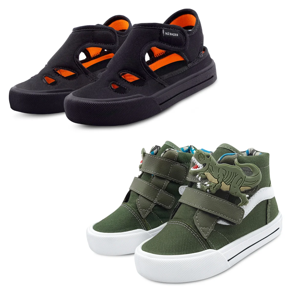 Kit 2 Pares Sandália Papete Infantil Masculina Preta E Tênis Dinossauro Rex Verde Gatatuya Preto/Verde 1