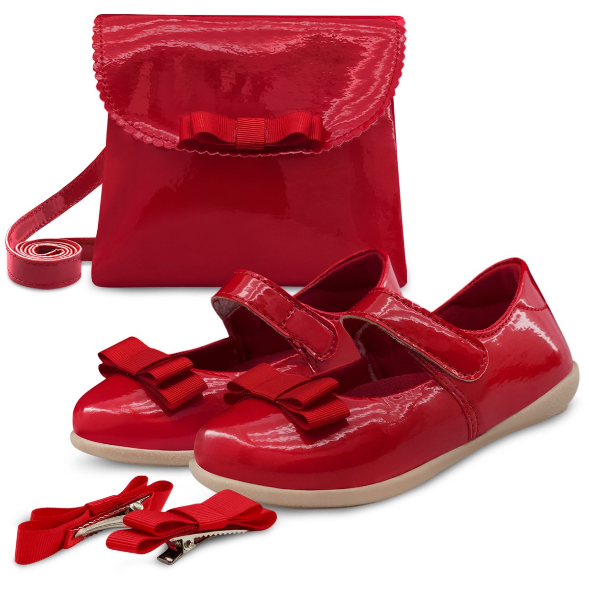 Kit Sapatilha Infantil Bebê Com Bolsa E Presilha Laço Vermelha Gatatuya