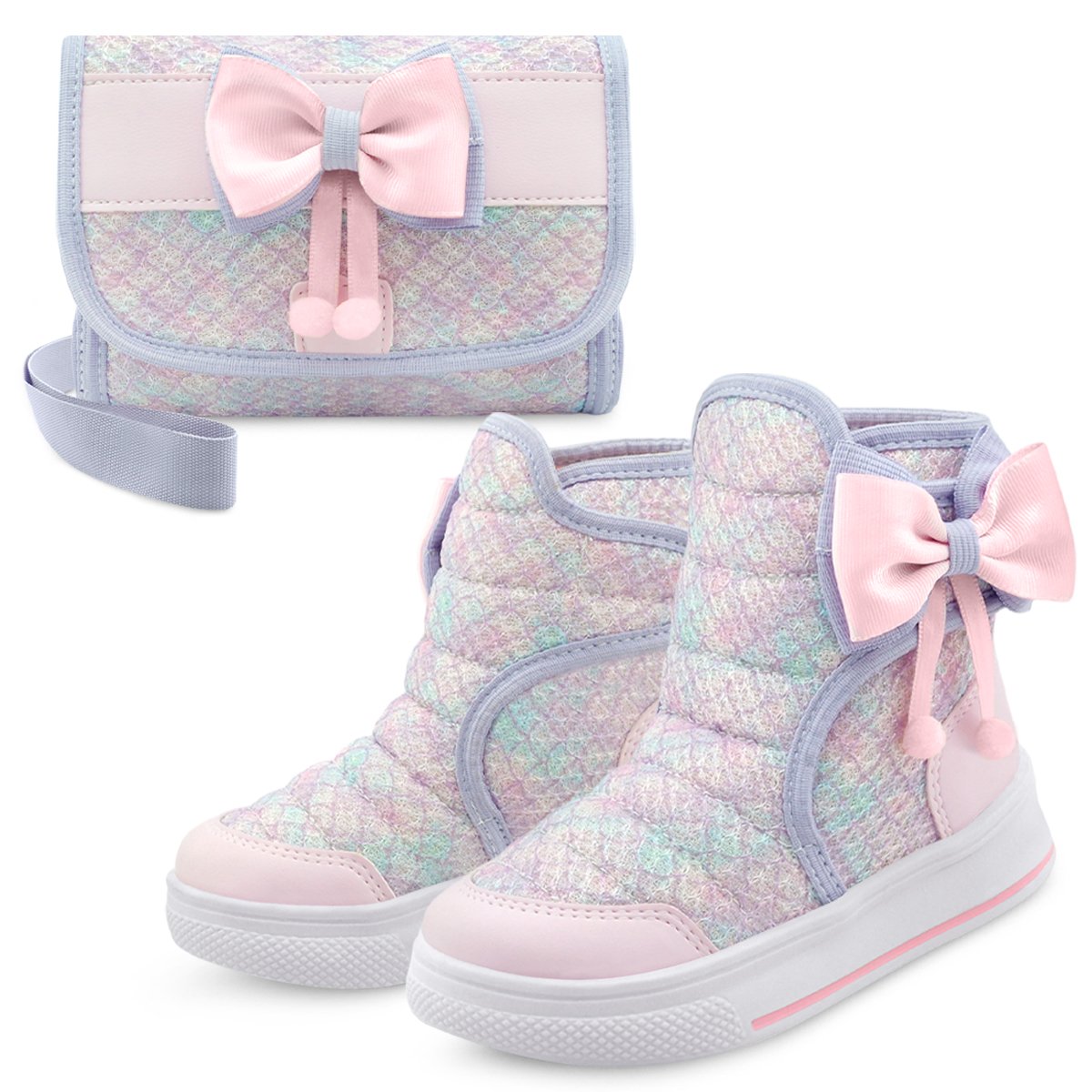 Kit Bota Infantil Menina Com Bolsa Cano Alto Feminina Rosa/Brilho Gatatuya Rosa 1