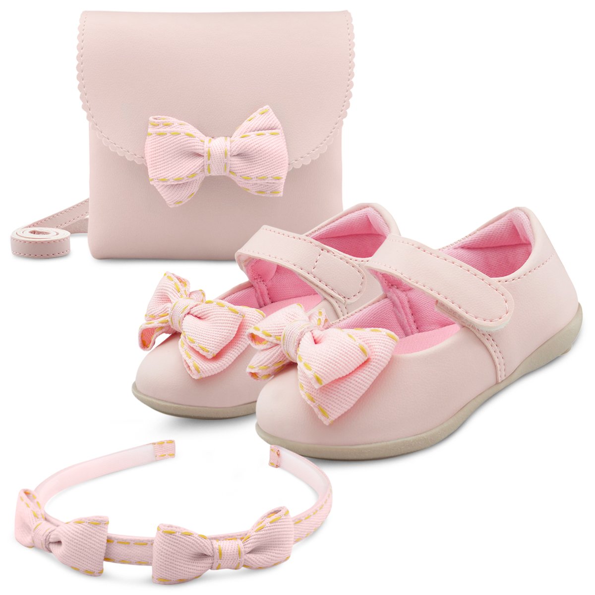 Kit Sapatilha Bebê Menina Infantil Rosa Com Bolsa E Tiara Laço Gatatuya