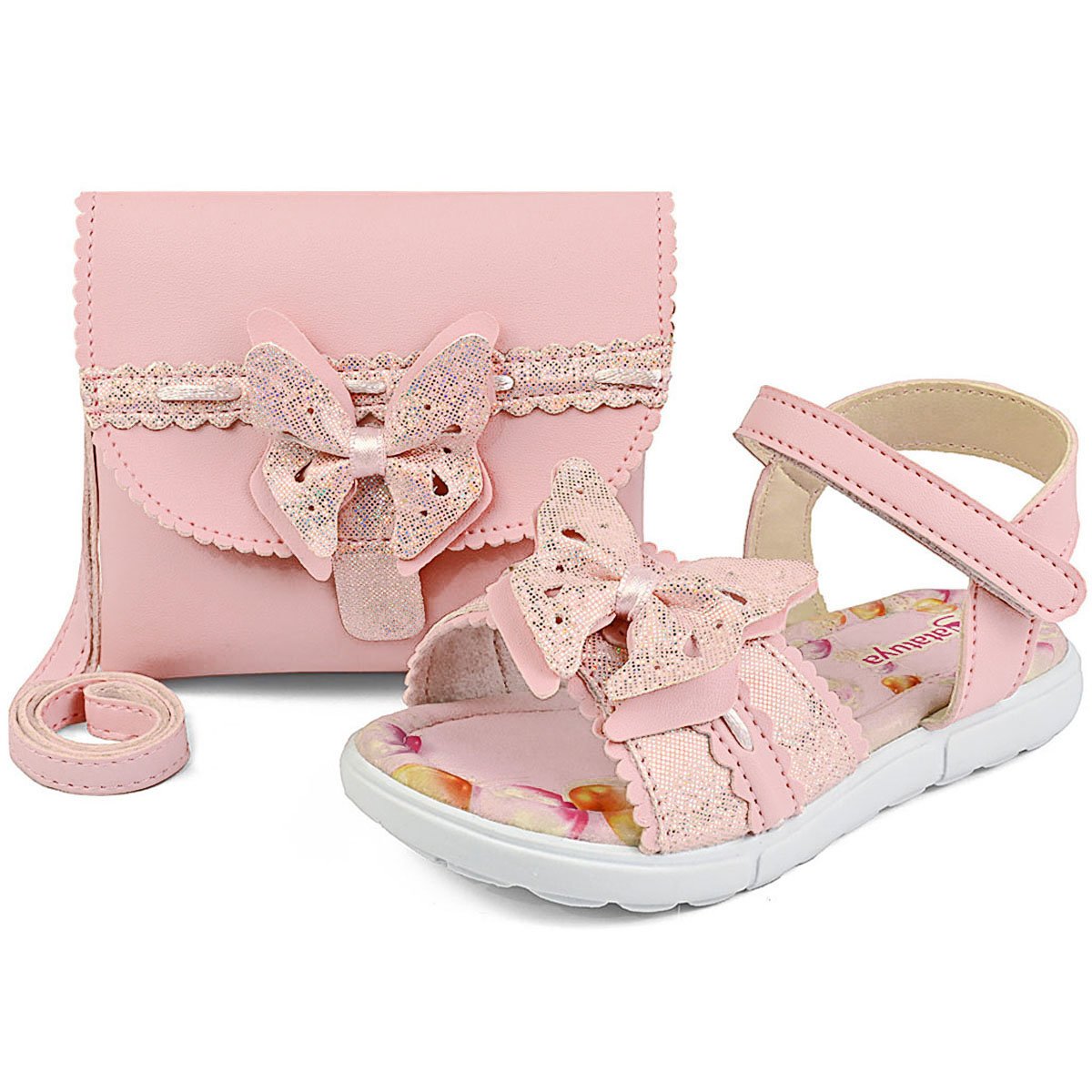 Kit Sandália Menina Infantil Com Bolsa Conforto Rosa Brilho Borboleta Gatatuya Rosa 1