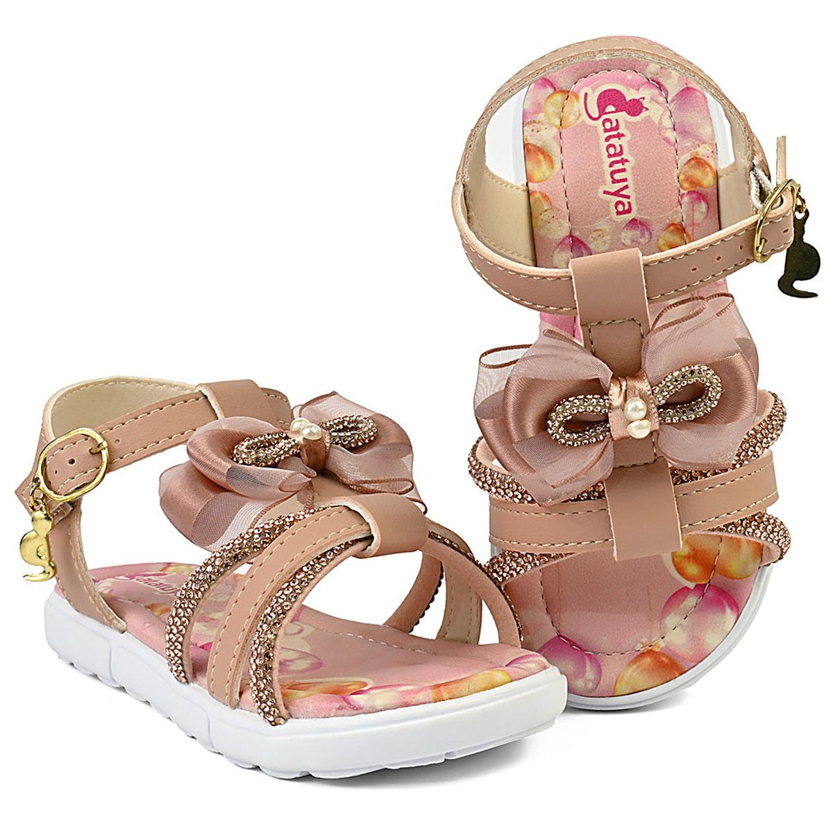 Kit Sandália Infantil Feminina Laço Menina Luxo Bolsa e Presilha Nude/Glitter Gatatuya Nude 3