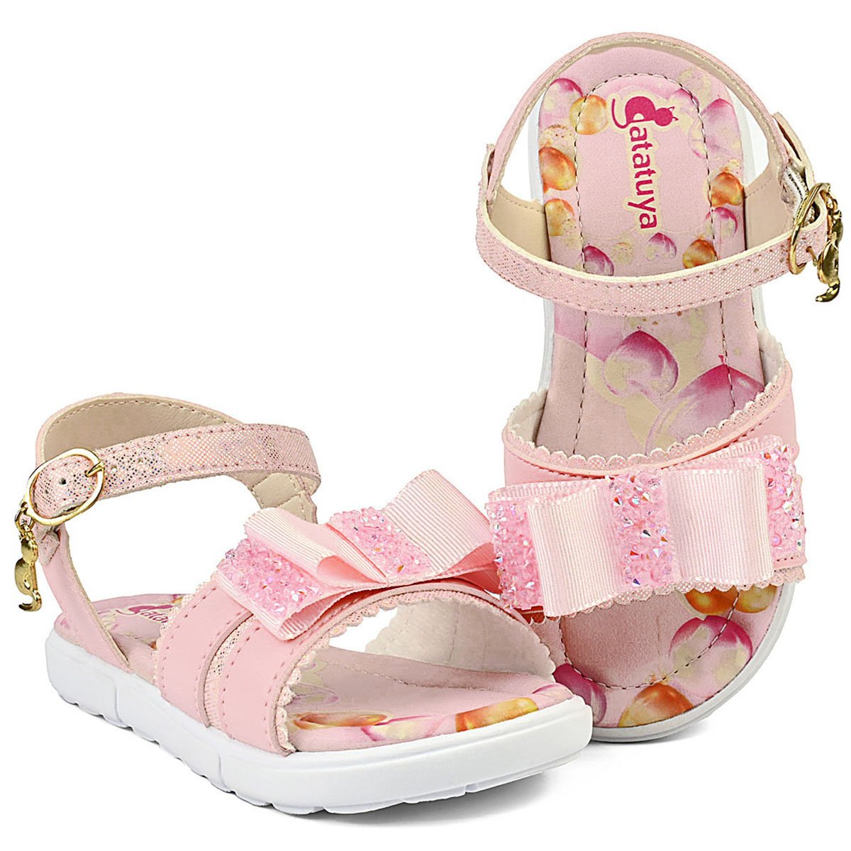 Sandália Menina Infantil Estilo Conforto Laço Rosa/Brilho Gatatuya