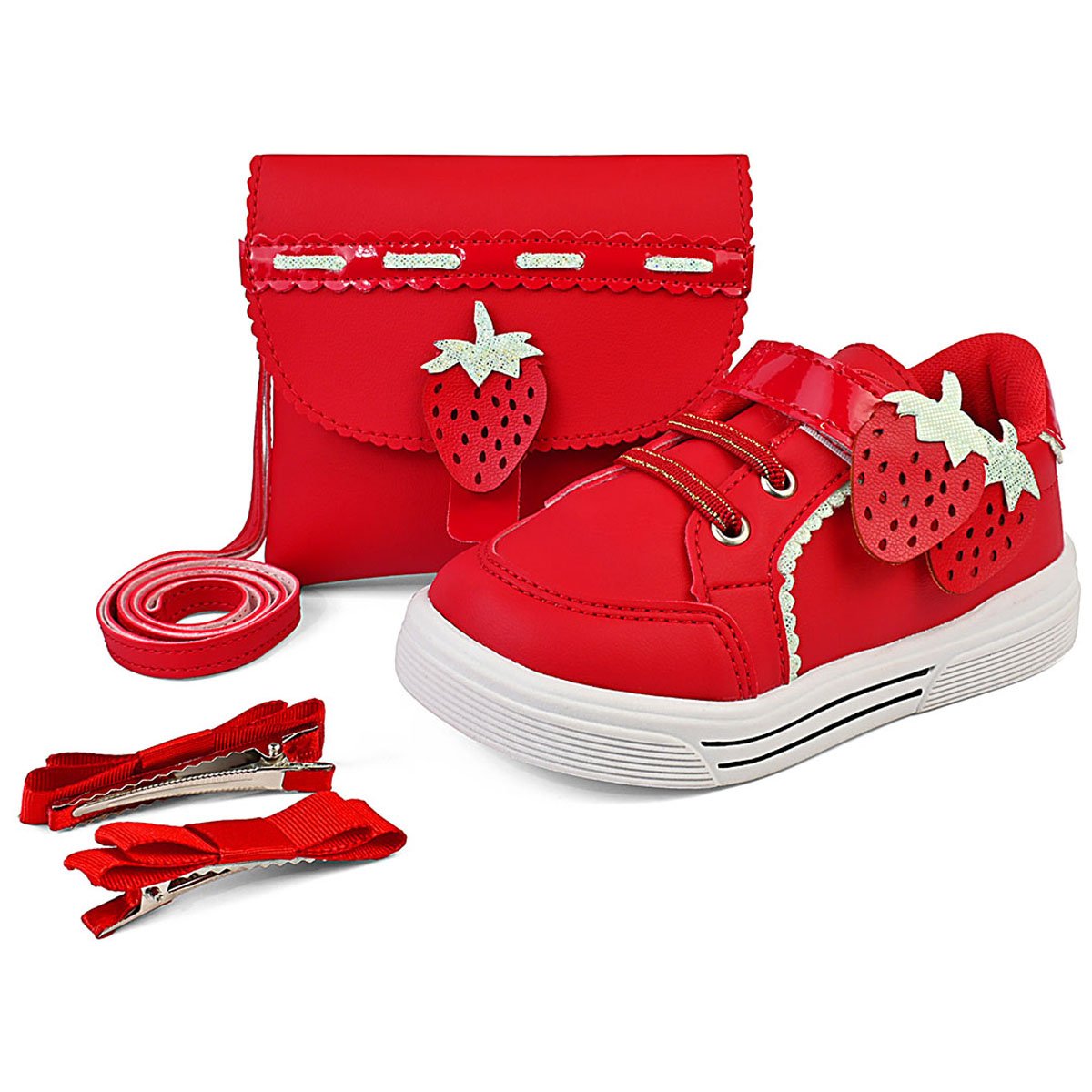 Kit Tênis Infantil Feminino Vermelho Morango do Amor Com Bolsa E Presilha  Leve Confortável Antiderrapante