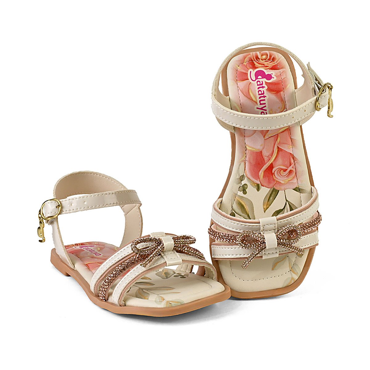 Sandália Feminina Infantil Rasteirinha Brilho Laço Off White Gatatuya