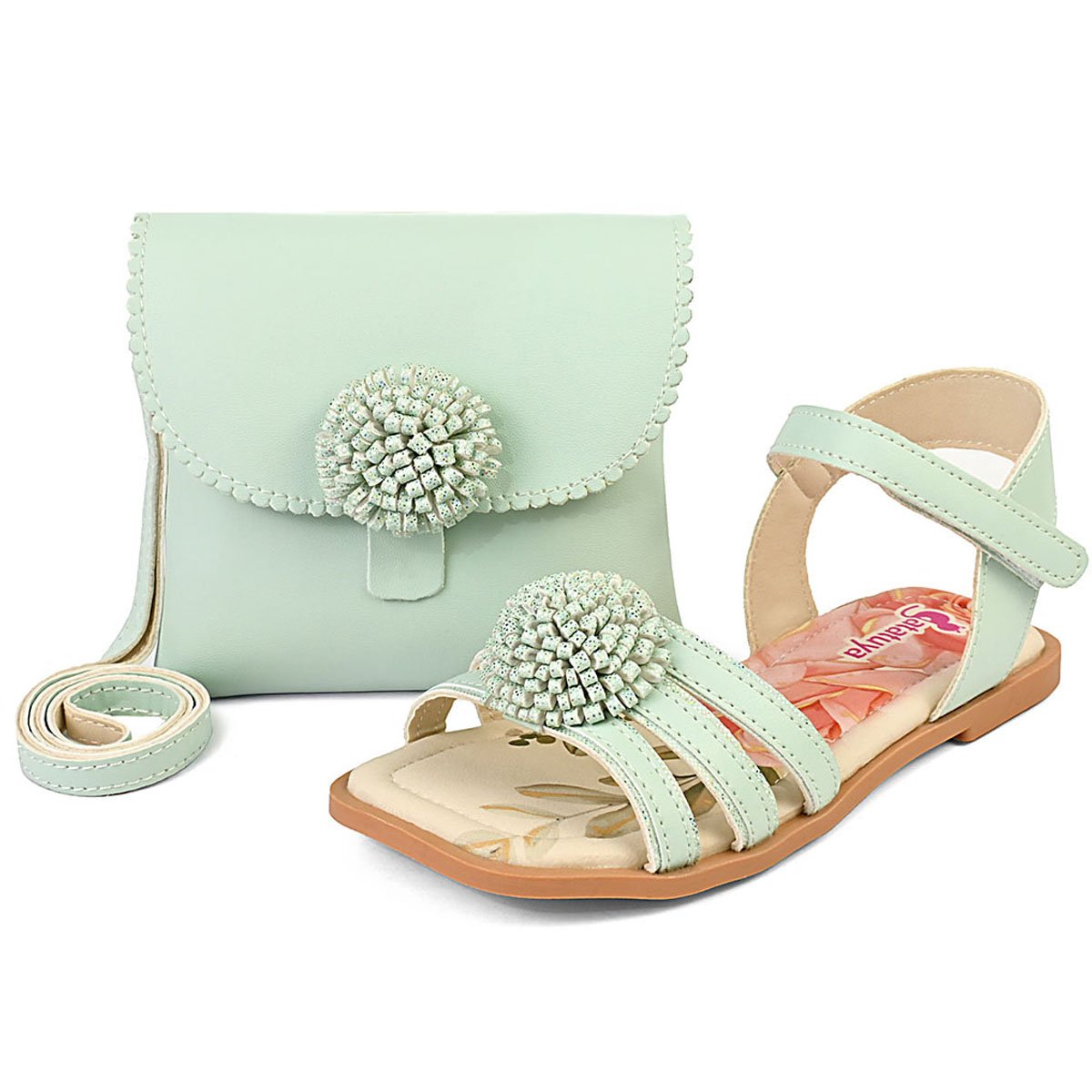 Kit Sandália Infantil Feminina Rasteira Menina Com Bolsa Verde/Brilho Gatatuya