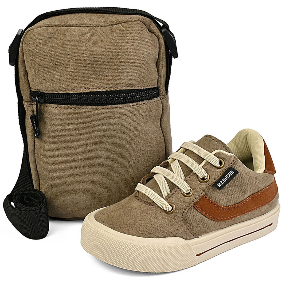 Kit Tênis Infantil Menino Casual Cano Baixo Com Bolsa Taupe Conforto Gatatuya
