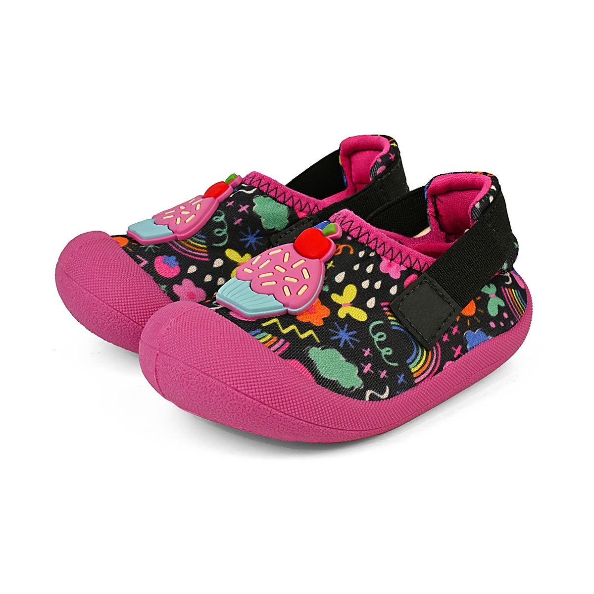 Tênis Slip On Bebê Babuche Infantil Menina Verão Antiderrapante Preto/Colorido Cupcake