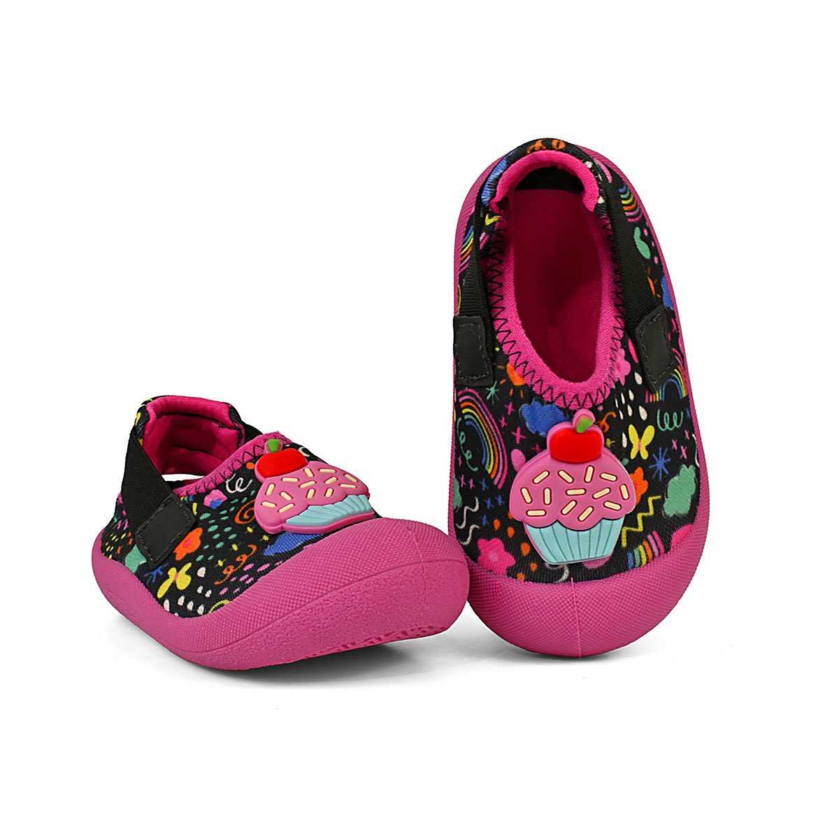 Tênis Slip On Bebê Babuche Infantil Menina Verão Antiderrapante Preto/Colorido Cupcake Preto/Rosa 3