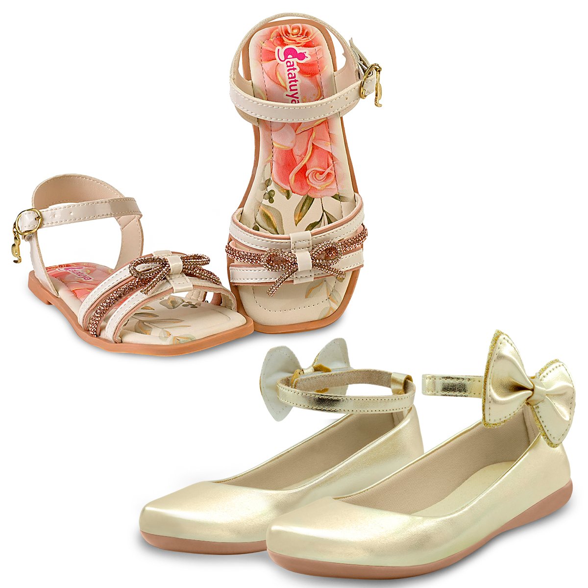 Kit 2 Pares Sandália Esportiva Menina Brilho E Sapatilha Infantil Dourada Laço Gatatuya