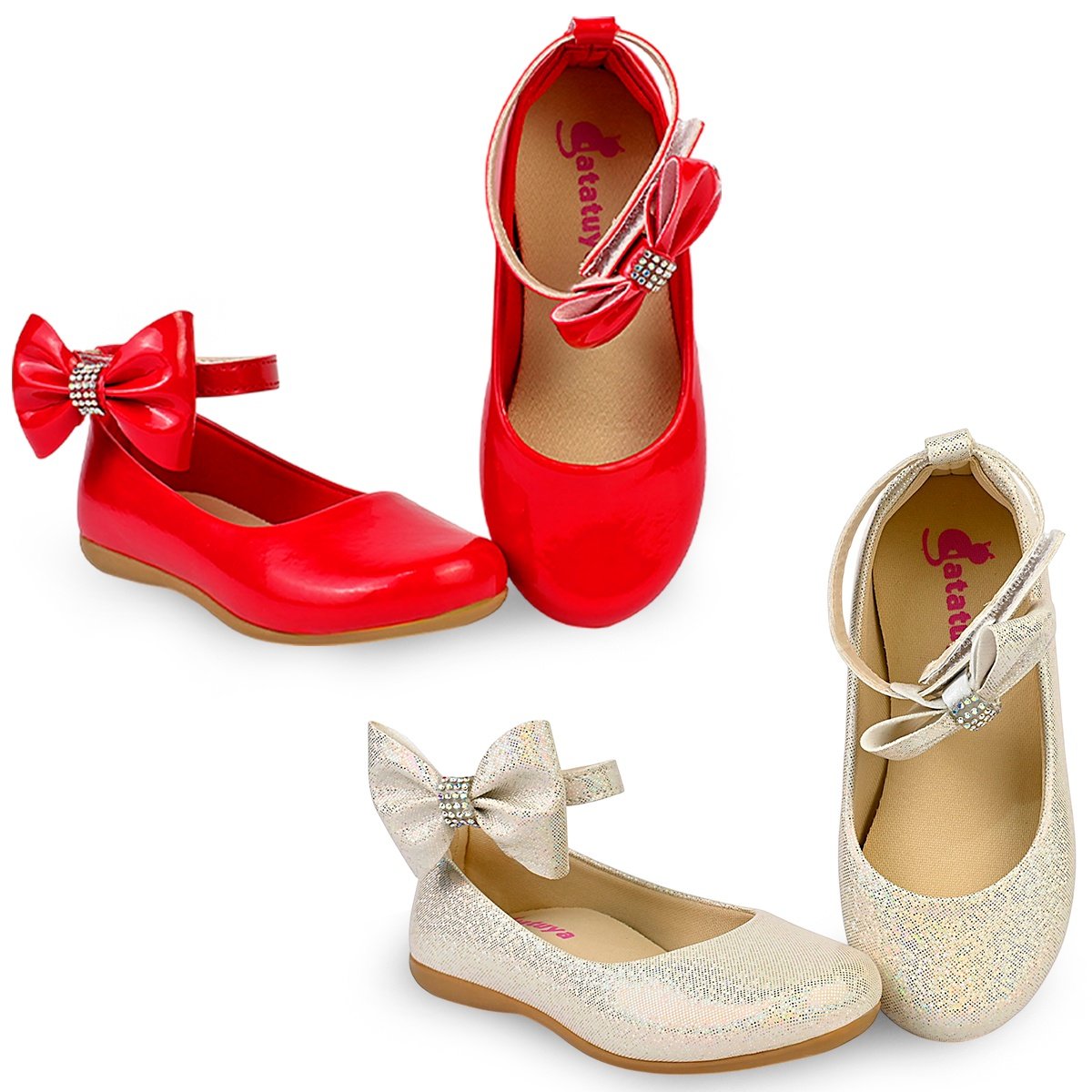 Kit 2 Pares Sapatilha Menina Festa Infantil Vermelha Prata Gatatuya