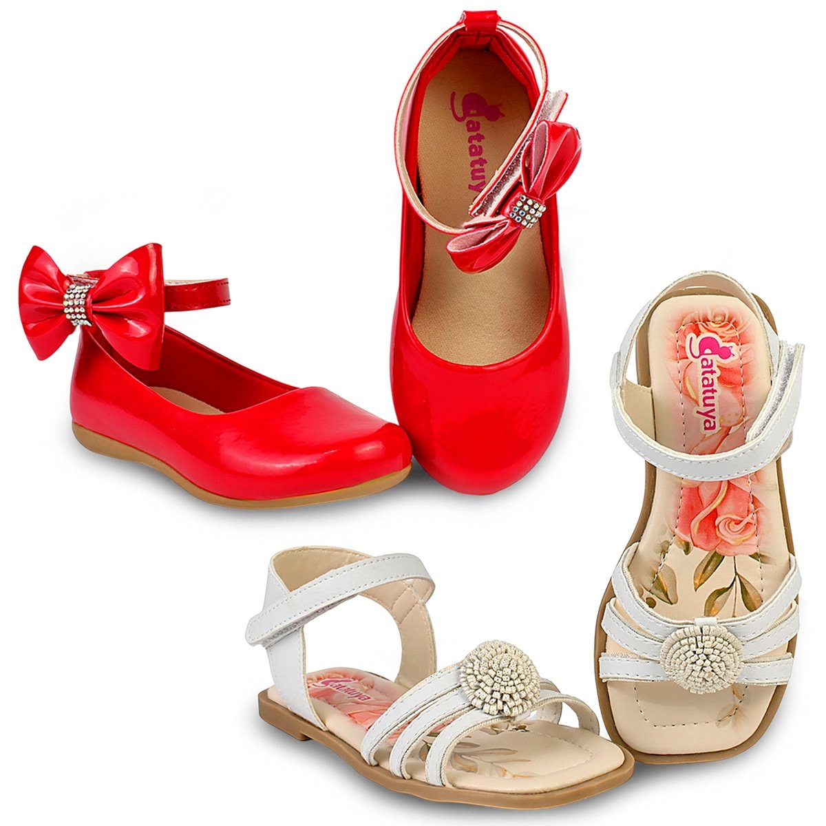 Kit Sapatilha Infantil E Sandália Menina Festa Conforto Vermelha Prata Gatatuya