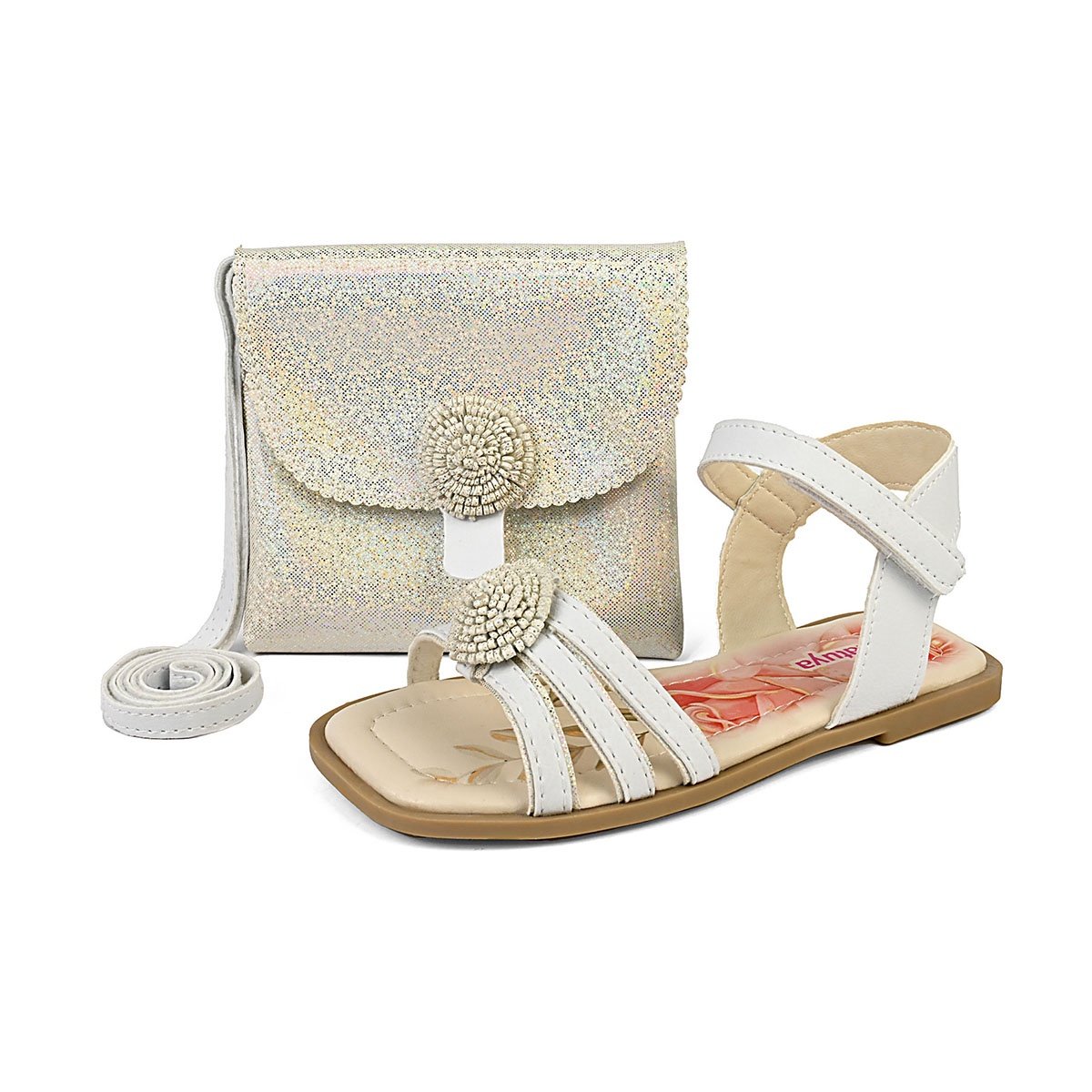 Kit Sandália Rasteira Feminina Infantil Menina Conforto Com Bolsa Branca/Prata Gatatuya